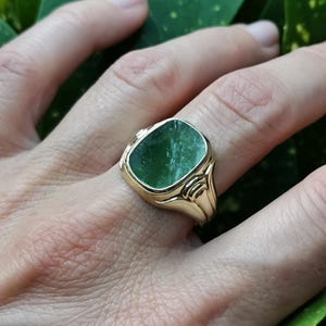 Antique German Nephrite Jade Signet Ring, Gold-plated Art Deco Signet Ring, US Size 9 1/4