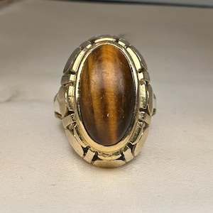 Antique German Tiger&#39;s Eye Ring, 8k Gold Art Deco Ring, US Size 7 1/4