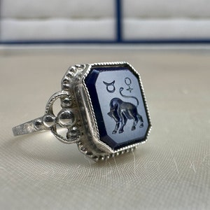 1930’s German 835 Silver Intaglio Ring, Taurus Zodiac Astrological Ring, US size 7 1/2