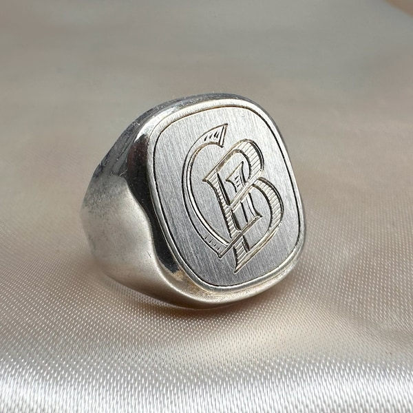 Antique German Ring, Unisex Signet Ring, Engraved 'GB', US Size 7