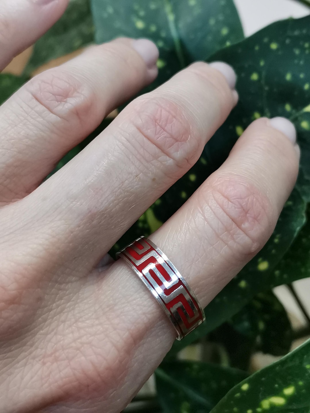 Bague Ancienne Argent Massif 925 - Jonc Alliance Style Créateur - Taille 53 - Rouge