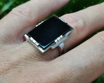 Vintage Silber Ring mit Onyx, Art Deco, 18,5 mm