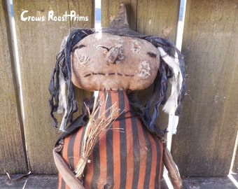 Primitive Folk Art Halloween OOAK, canvas, rag stuffed Orange + Black Bette WITCH with broom