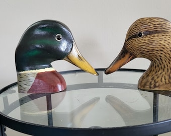 Pair of Mallard Duck Heads Wood Carvings, M H Gould, Vintage, 1975, Beautiful!  Rare!