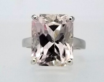 12 ct Light Pink Kunzite Ring in Sterling Silver  / Natural Emerald Cut Engagement Ring / De Luna Gems / Free Shipping!