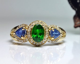 1.3 ctw Tsavorite, Sapphire and Diamond Ring in 14K Yellow Gold / Rare Natural Green Garnet Engagement Ring / De Luna Gems / Free Shipping!