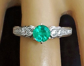 Emerald Engagement Ring in Sterling Silver / May Birthstone Emerald and Diamond Engagement Ring ~ See Video! / De Luna Gems / Free Shipping!