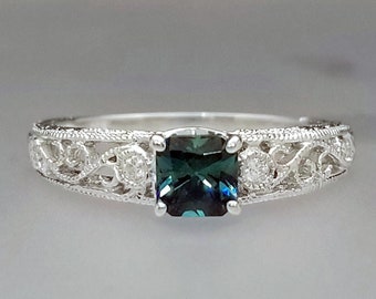 1/2 ct Blue Tourmaline & Diamond Accent Ring in Sterling Silver / Natural Indicolite Engagement Ring / De Luna Gems / Free Shipping!
