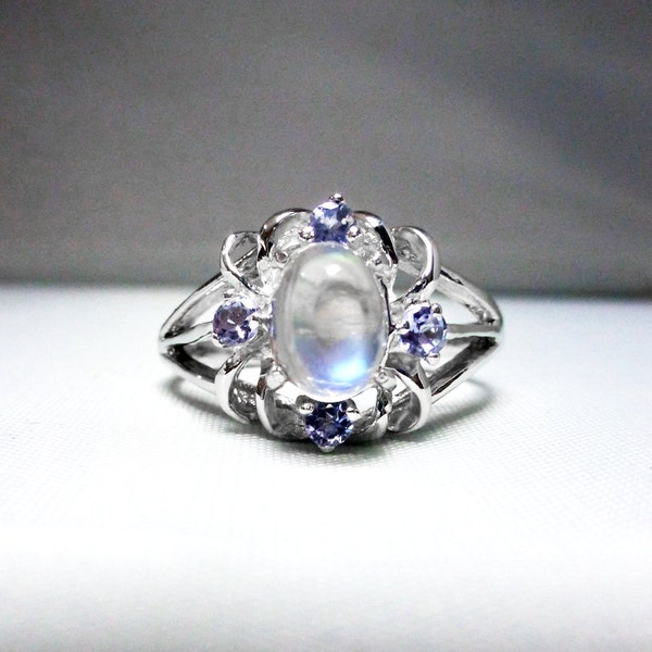 Blue Flash Moonstone and Tanzanite Ring in Sterling Silver Vintage Engagement Ring Natural and Untreated Gemstones Free Shipping