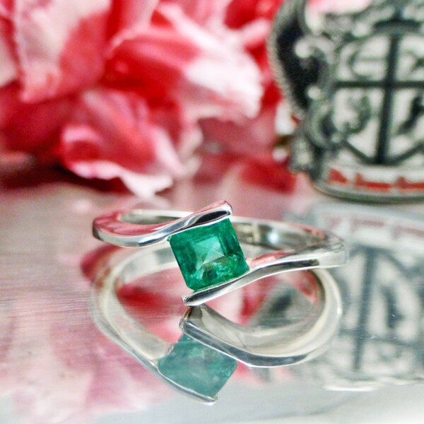 Natural Untreated Colombian Emerald Ring in Sterling Silver