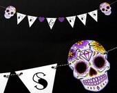 Sugar Skull Bunting Banner Wedding //Purple Red or Blue// Mr & Mrs Sweets Cards Tattoo Rockabilly Day of the dead Halloween Venue Décor Sign
