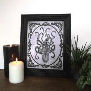 Kraken Print Gothic Home Décor Octopus Steampunk Wall Art Gift Pirate Goth Alternative Grey Black Rock n Roll Eclectic Dark Delicious image 2