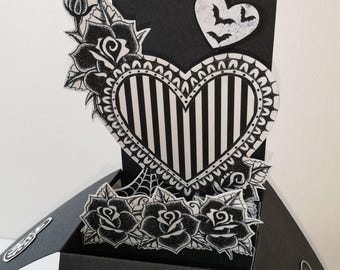 Pop Up Gothic Anniversary Card: Spooky Tattoo Roses Heart and Bats