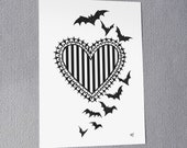 Goth Art Print // Black & White Bats Heart Wall Art Gift Gothic Home Decor Tattoo Alternative Psychobilly Horror Spooky Stripe Beetlejuice