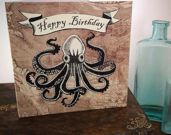 Kraken Birthday Card: Octopus Tattoo Steampunk Map