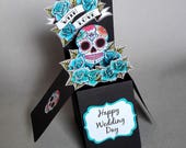 Blue Sugar Skull Wedding Card 3-D Pop Up Rockabilly Tattoo Candy Skull Goth Rock n Roll Metal Biker Alternative Teal Gothic Halloween