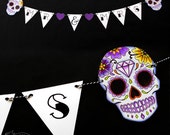 Sugar Skull Bunting Banner Wedding //Purple Red or Blue// Mr & Mrs Sweets Cards Tattoo Rockabilly Day of the dead Halloween Venue Décor Sign