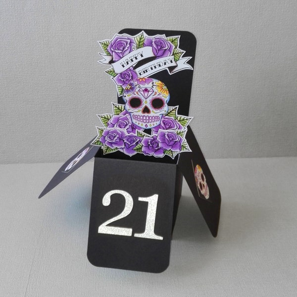 Purple Sugar Skull Birthday Card | Choose Any Age 21st 18th 16th 30th 60th | 3-D Pop Up Box Rockabilly Tattoo Candy Goth Gothic Special