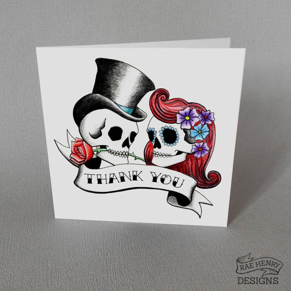 5 Rockabilly Skulls Thank You Cards Wedding Party Tattoo Rock n Roll Old School Tattoo Flash Rockabilly Goth Alternative Bridesmaid