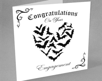 Gothic Bats Heart Engagement Card Congratulations Goth Alternative Spooky Horror Psychobilly Gothabilly Halloween Witchy