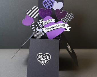 Purple Tattoo Hearts Anniversary Card 3-D Pop Up Box Rockabilly Goth Punk Rock Alternative Gothic Biker Heavy Metal Luxury