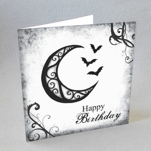 Gothic Moon Birthday Card Bats Goth Alternative Punk Spooky Creepy Cute Witch Cosmic Celestial Halloween Gothabilly Grunge