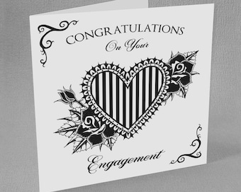 Gothic Engagement Card Tattoo Heart Roses Congratulations Goth Alternative Spooky Horror Psychobilly Gothabilly Halloween Witchy Beetlejuice