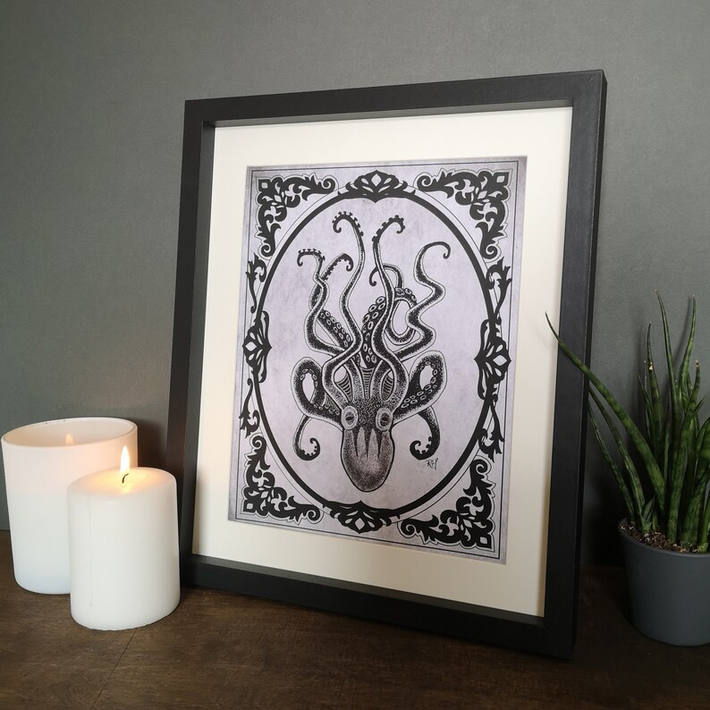 Kraken Print Gothic Home Décor Octopus Steampunk Wall Art Gift Pirate Goth Alternative Grey Black Rock n Roll Eclectic Dark Delicious image 7