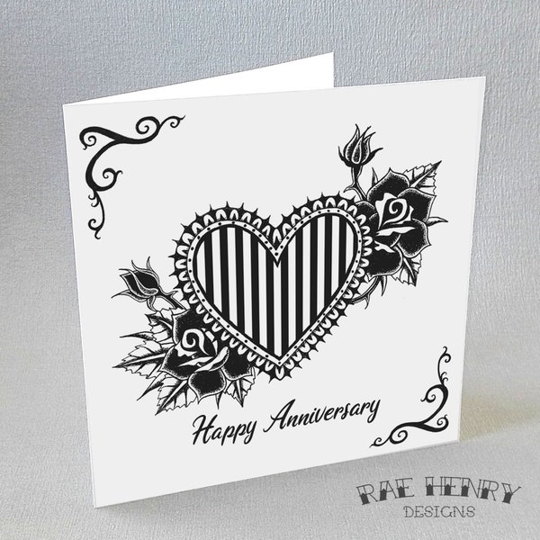 Gothic Anniversary Card Stripy Heart and Black Roses Goth Tattoo Steampunk Alternative Spooky Strange and Unusual Beetlejuice