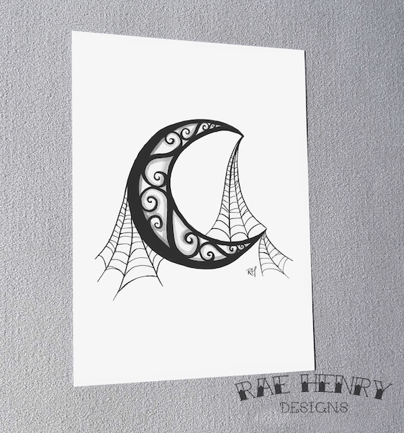 Cobweb Moon Print Wall Art Gift Gothic Home Decor Celestial  