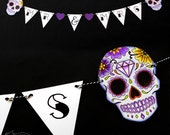 Purple Sugar Skull Bunting Banner Wedding // Mr and Mrs, Mrs and Mrs, Mr and Mr // Decoration Tattoo Rockabilly Day of the dead Halloween