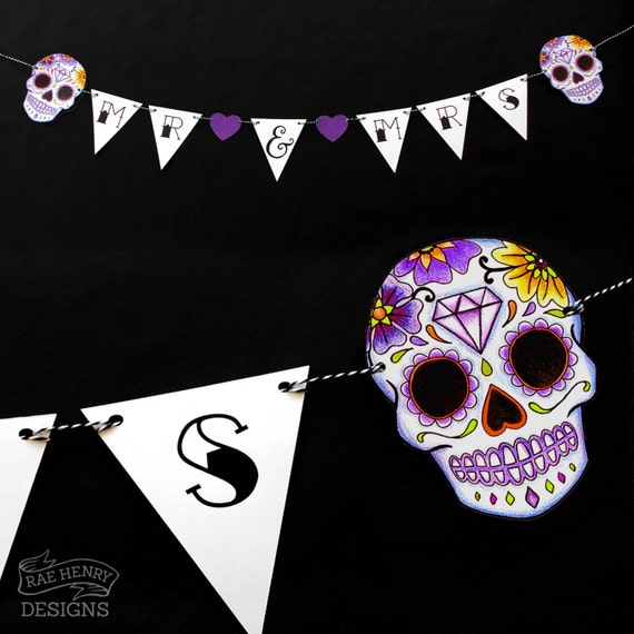 Purple Sugar Skull Bunting Wedding Decoration Mr Mrs Tattoo Etsy