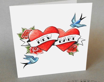 Tattoo Style New Baby Card: Rockabilly Heart & Swallows