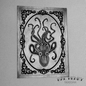 Kraken Print Gothic Home Décor Octopus Steampunk Wall Art Gift Pirate Goth Alternative Grey Black Rock n Roll Eclectic Dark Delicious image 1