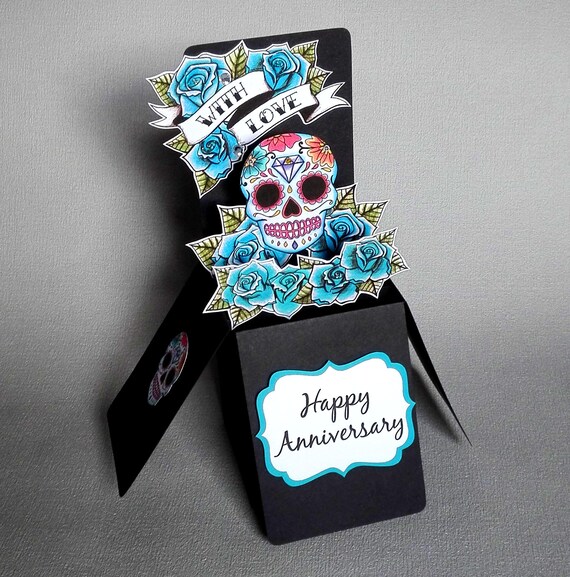 Sucre Bleu Tete De Mort Anniversaire Carte 3d Pop Up Etsy