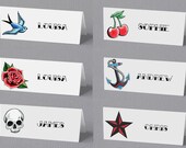 12 Tattoo Place Cards Personalised or Blank Rockabilly Wedding Flash Anchor Cherries Skull Rose Star Swallow Escort Name Setting