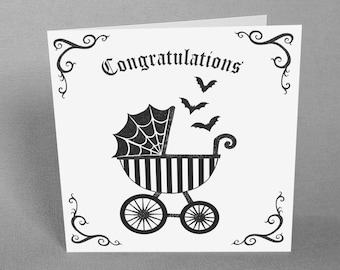 Goth New Baby Card Pram Stroller Bats Gender Neutral Boy or Girl Gothic Congratulations Alternative Punk Newborn Spooky Creepy Cute Witch
