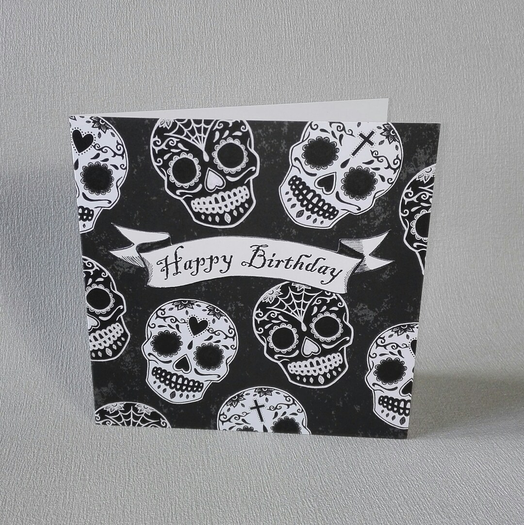 Sugar Skulls Birthday Card Black and White Day of the Dead photo