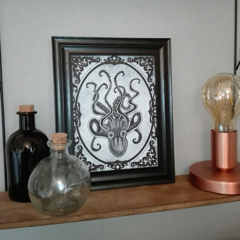 Kraken Print Gothic Home Décor Octopus Steampunk Wall Art Gift Pirate Goth Alternative Grey Black Rock n Roll Eclectic Dark Delicious image 5