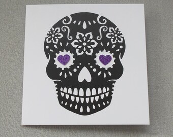 Sugar Skull Card, Floral Tattoo Design with Purple Hearts