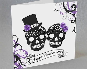 Sugar Skulls Anniversary Card Gothic Red or Purple