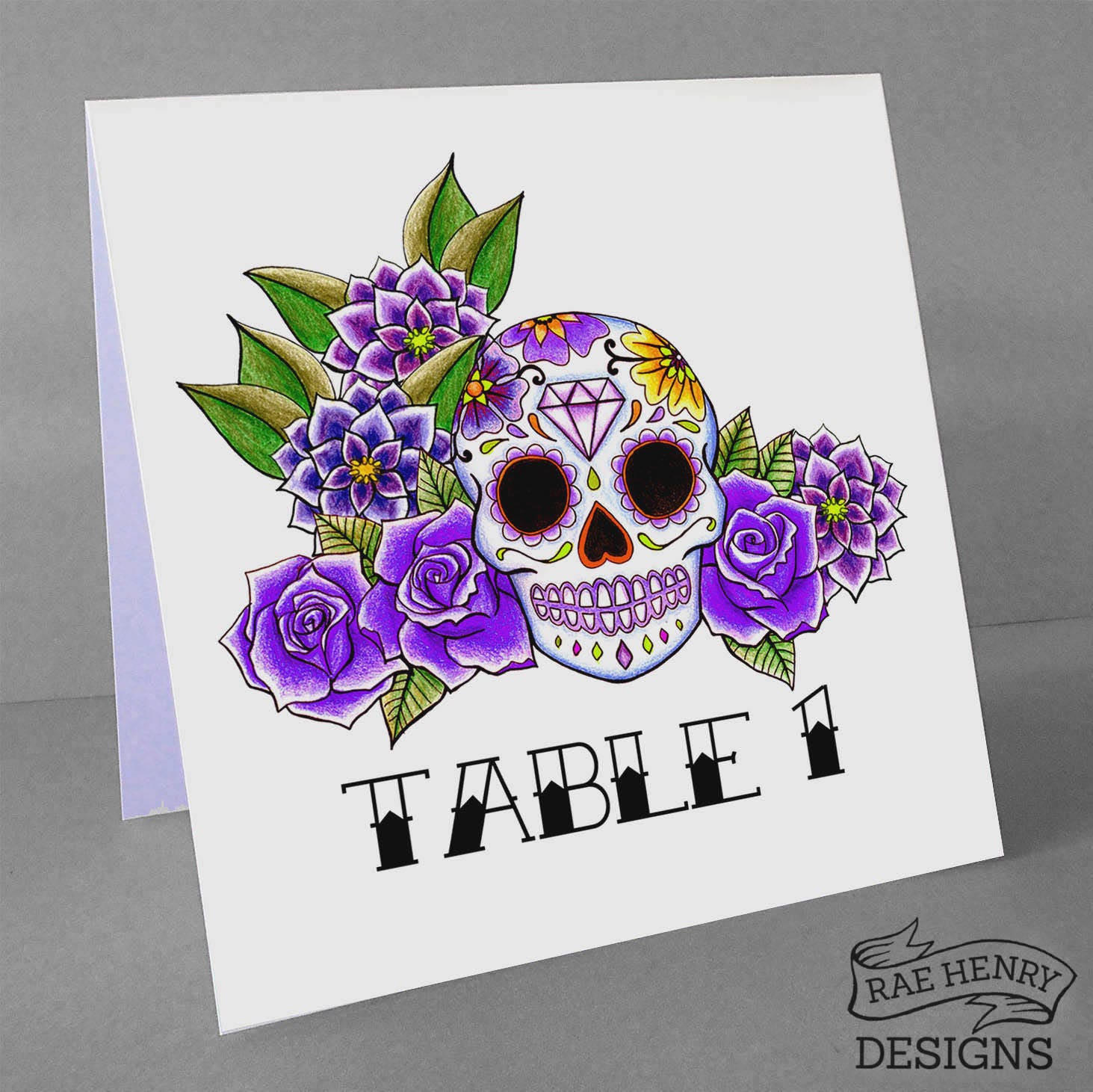 Purple Sugar Skull Table Numbers Tattoo Rockabilly Wedding Etsy