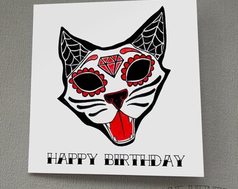 Sugar Skull Cat Birthday Card Kitty Day Of The Dead Tattoo Goth Rockabilly Candy Skull Gothic Psychobilly Alternative