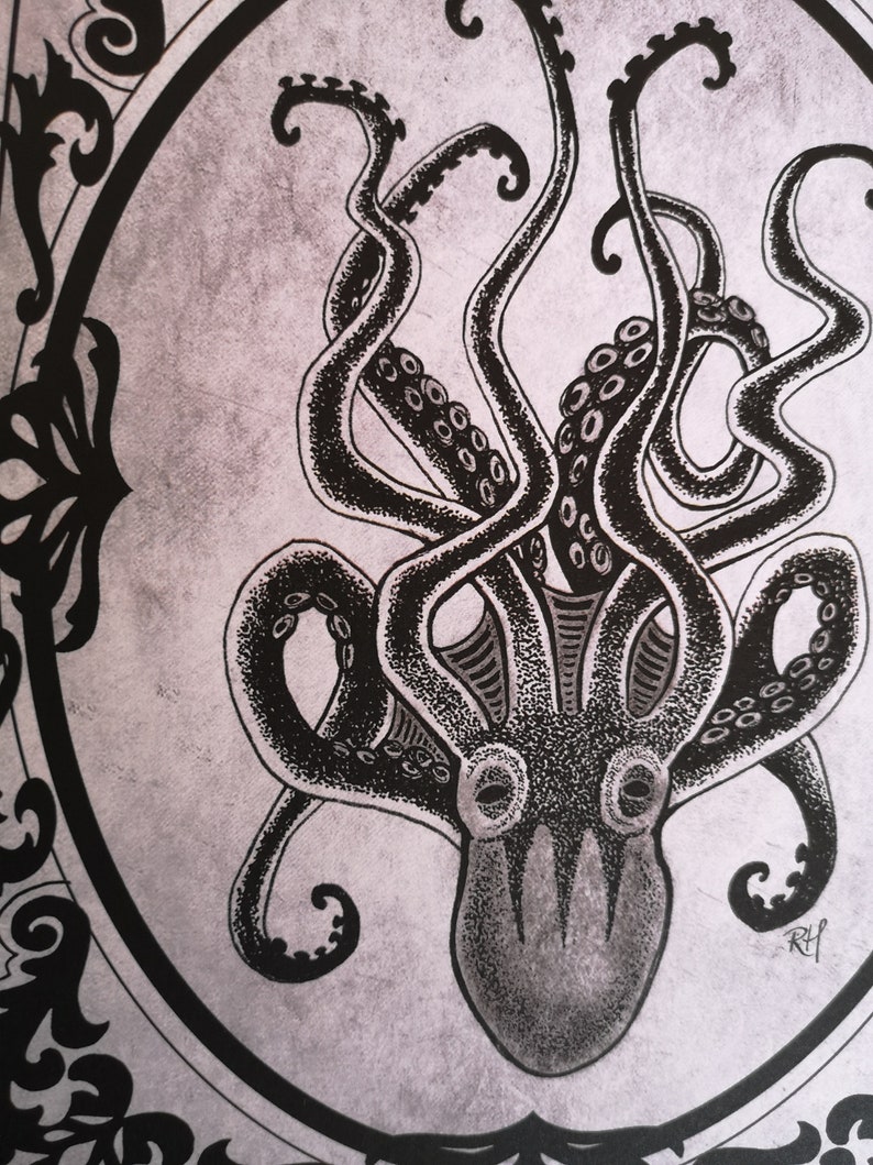 Kraken Print Gothic Home Décor Octopus Steampunk Wall Art Gift Pirate Goth Alternative Grey Black Rock n Roll Eclectic Dark Delicious image 8