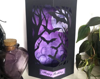 Gothic Bats Birthday Card 3-D Pop Up  Spooky Scene purple Decoration Luminary Alternative Gothabilly Goth Gift Halloween witchy daughter