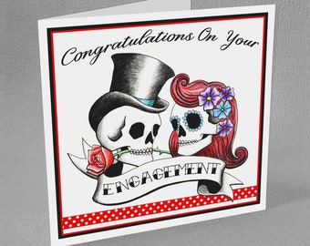 Rockabilly Skull Engagement Card Gothic Tattoo Congratulations Goth Couple Alternative Psychobilly Gothabilly Candy Skull Halloween Retro