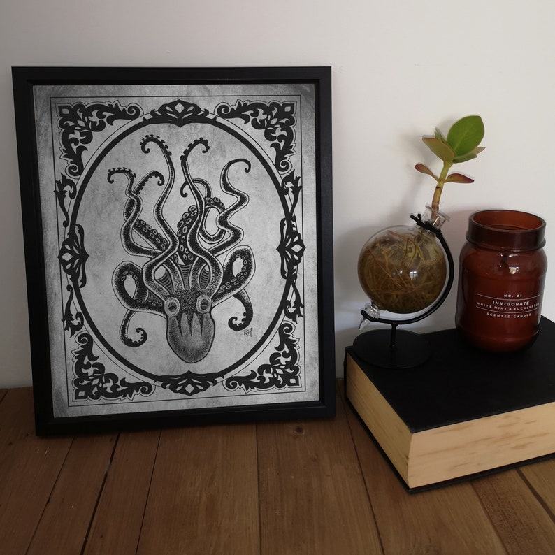 Kraken Print Gothic Home Décor Octopus Steampunk Wall Art Gift Pirate Goth Alternative Grey Black Rock n Roll Eclectic Dark Delicious image 4