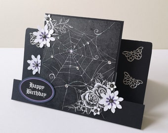 Gothic Birthday Card Pop Up 3-D Cobweb Moth Purple Black Goth Alternative Unusual Special Halloween Witchy Spooky sophisticated