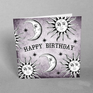 Celestial Birthday Card Sun Moon Stars Gothic Tattoo Rockabilly Psychobilly Punk Rock Grunge Goth Alternative Cosmic Witch Mystical Occult