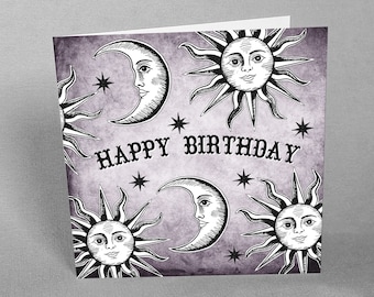 Celestial Birthday Card: Sun Moon and Stars Purple